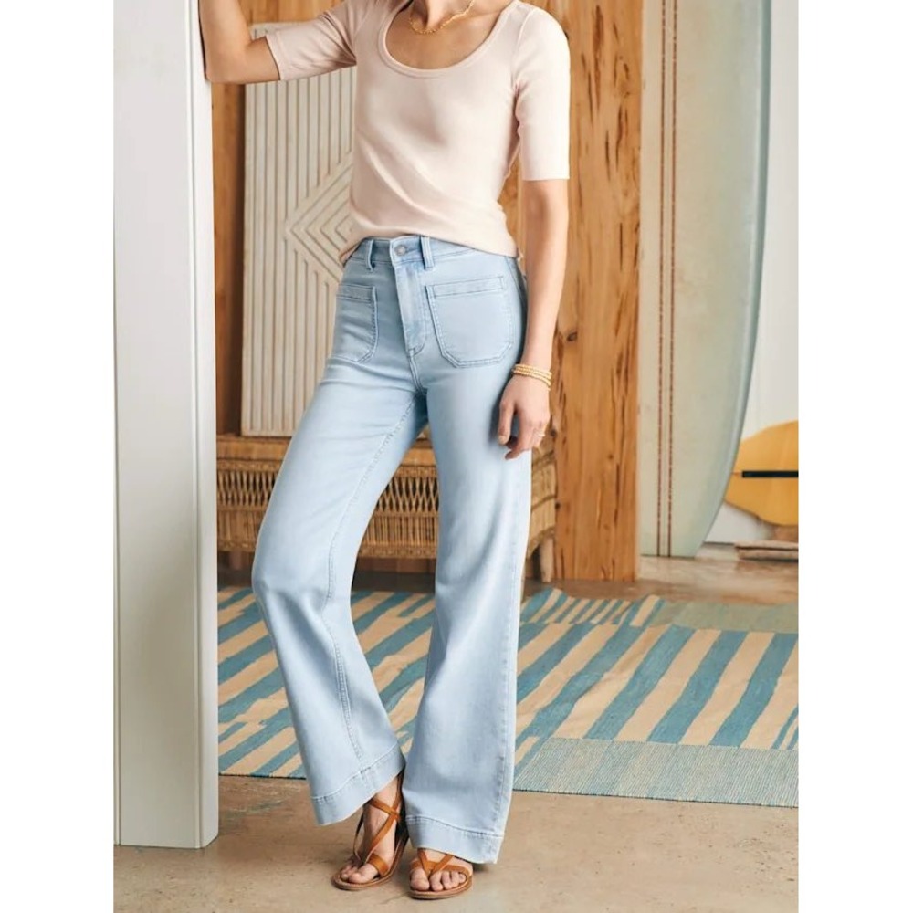 Faherty Stretch Terry Patch Pocket Pant Light Wash Blue High Rise Wide Leg 27
